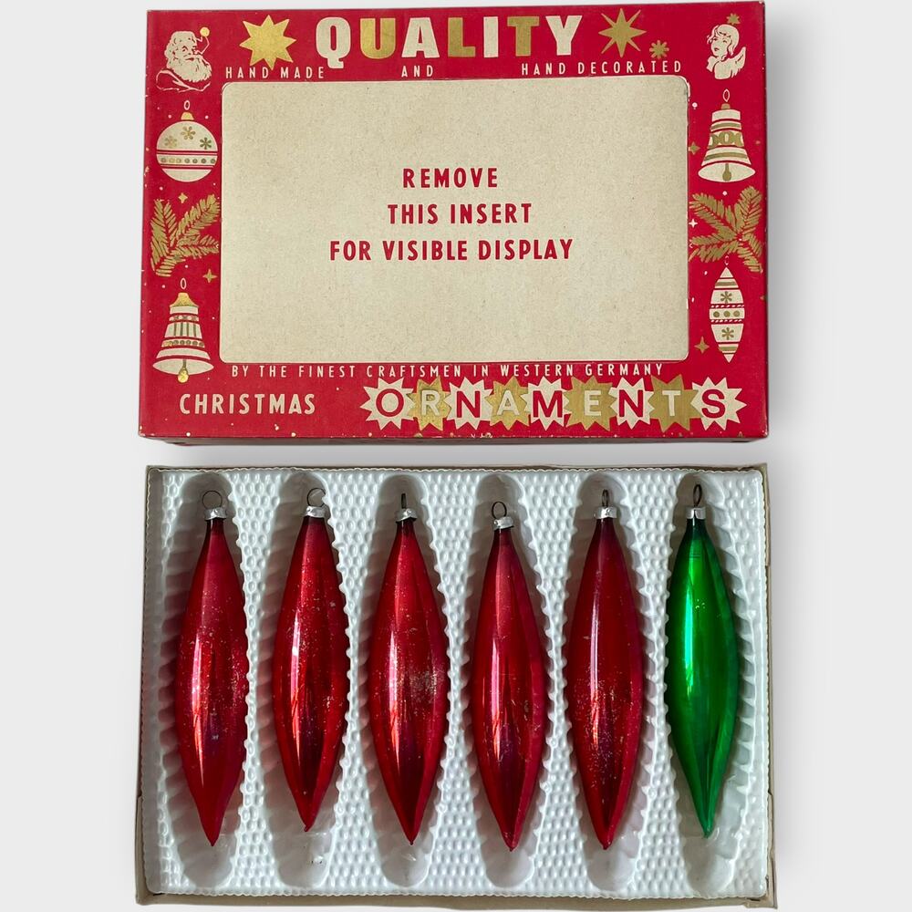 Vintage West Germany Glass Ornaments Icicle Tear Drop Shape Red Green 6 Count